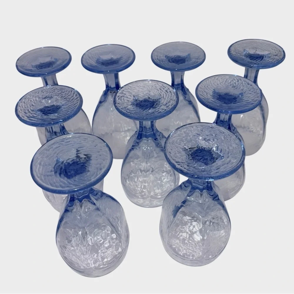 Set of 9 Blue Textured Glass Goblets | Vintage Style Stemmed Wine Water Glasses